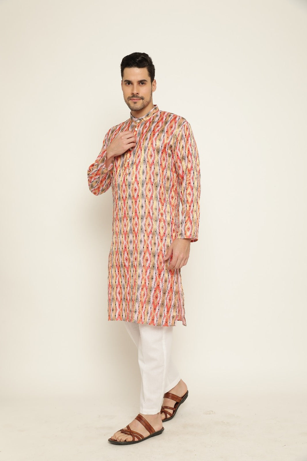 Father-Son Orange Ikkat Print Kurta Pajama Combo Set