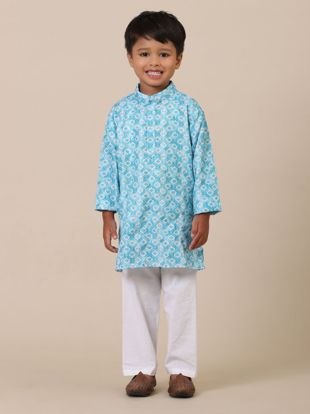Boy in sky blue cotton printed kurta pajama – traditional festive wear outfit