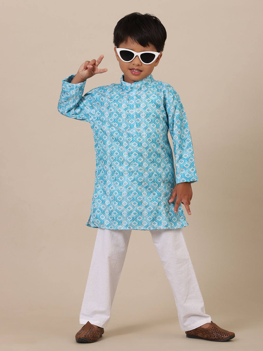 Ethnic kurta pajama for boys – sky blue cotton printed set for festive occasions