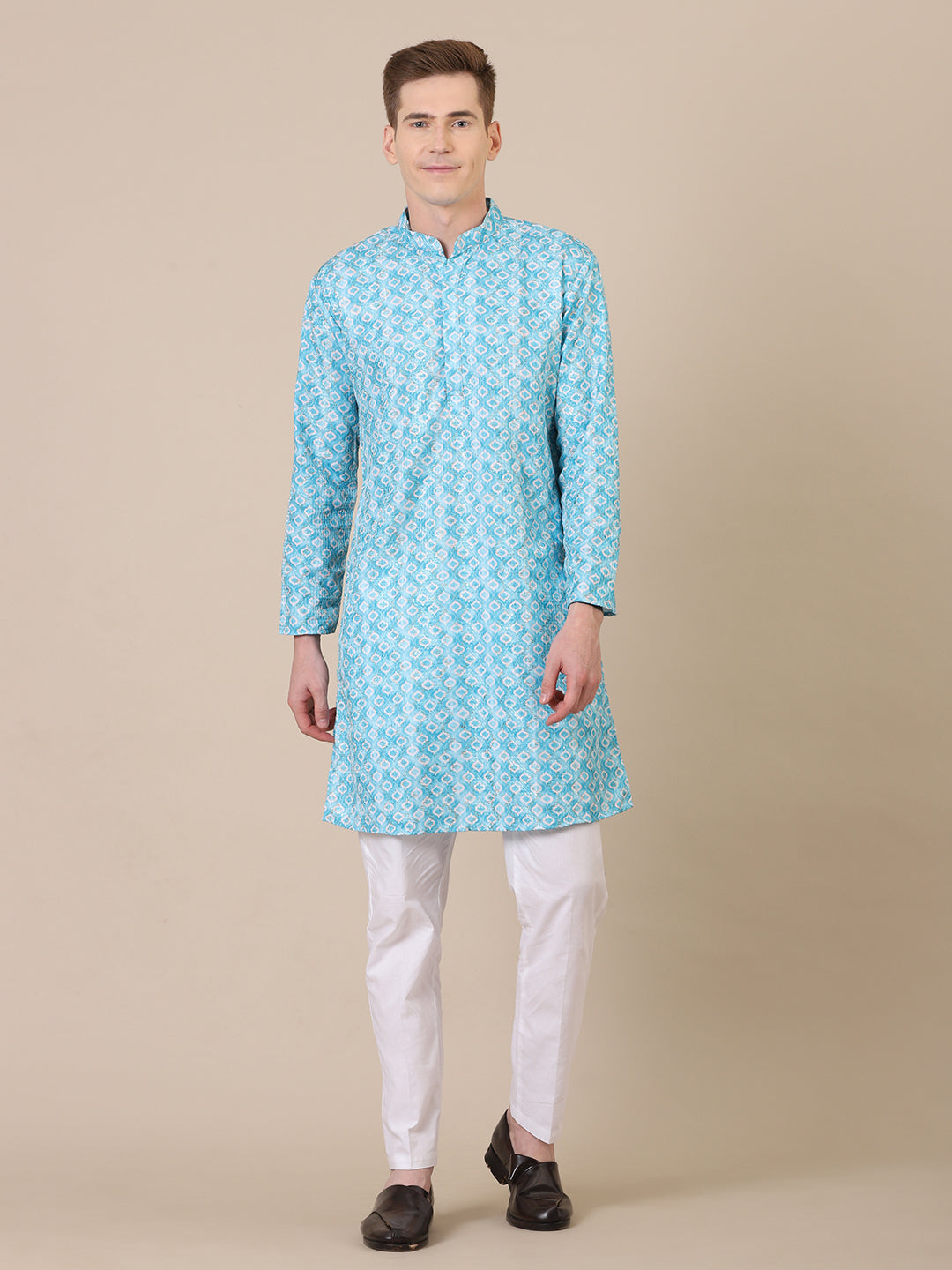 Men’s sky blue cotton printed kurta pajama set – festive ethnic wear for weddings & family celebrations