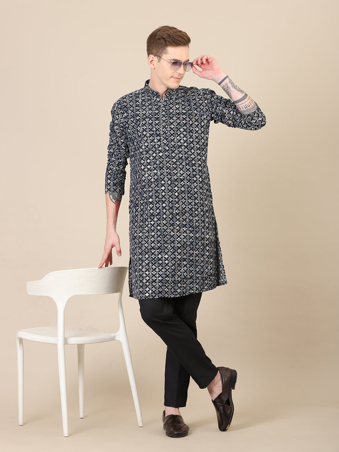 Father-Son Black Dual-Tone Geometric Kurta Pajama Combo Set