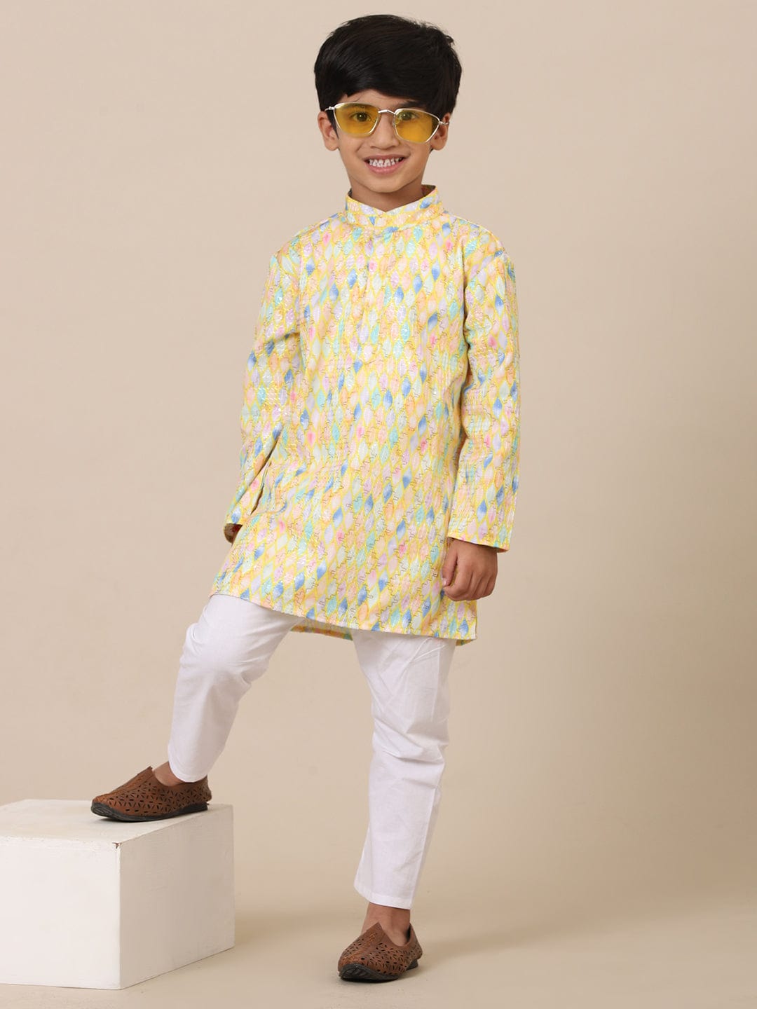 Father-Son Yellow Printed Kurta Pajama Combo set