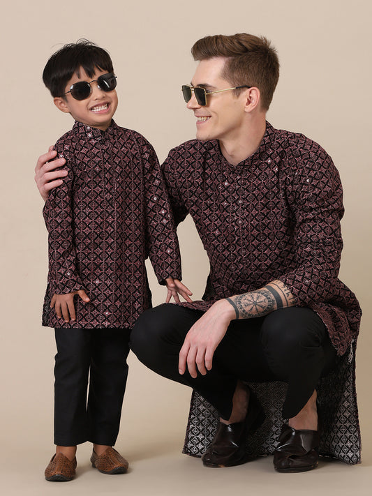 Shop Father-Son Maroon Jacquard Kurta Pajama Combo Set online. Perfect matching ethnic wear for weddings, Diwali & festive family functions. Order now!