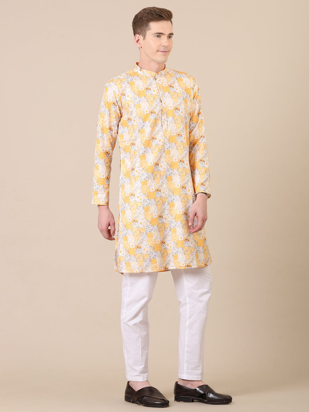 Father-Son Yellow Floral Checkered Kurta Pajama Combo Set