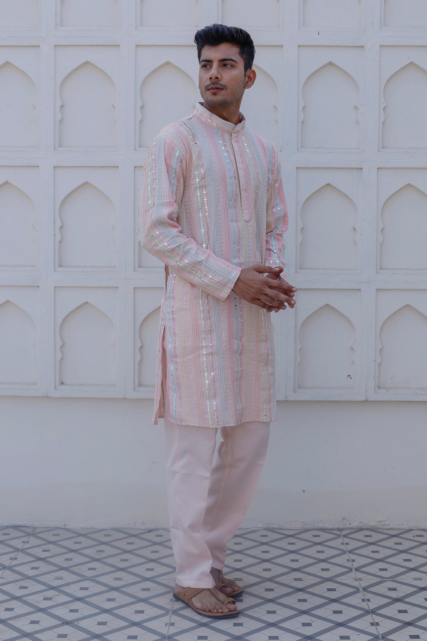 Father-Son Pastel Pink Striped Kurta Pajama Combo Set