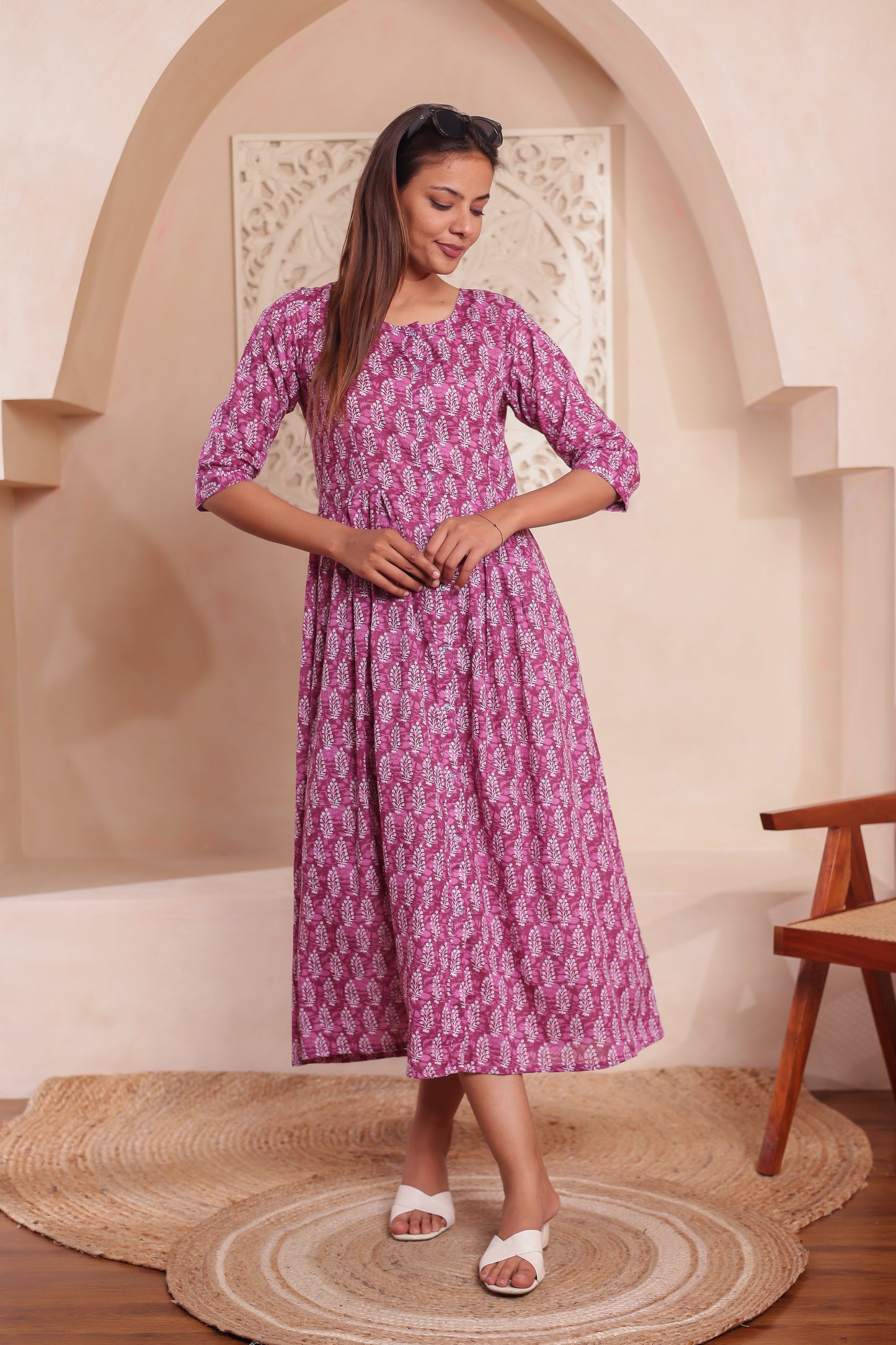 Woman in Lilac Love traditional block print dress – ethnic family combo outfit for weddings, pujas, and festive events.