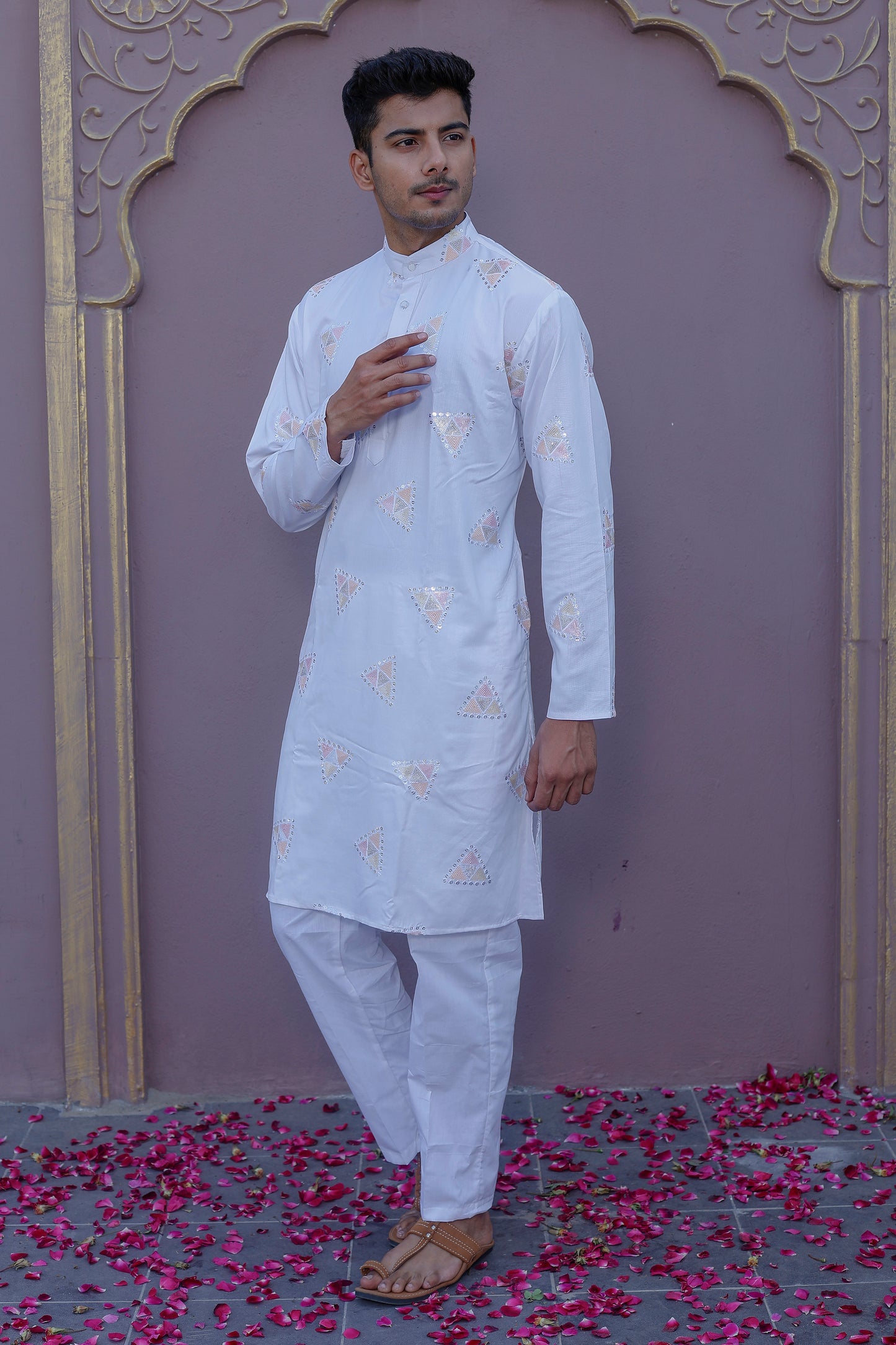Father-Son White Diamond Pattern Embroidered Kurta Pajama Combo Set
