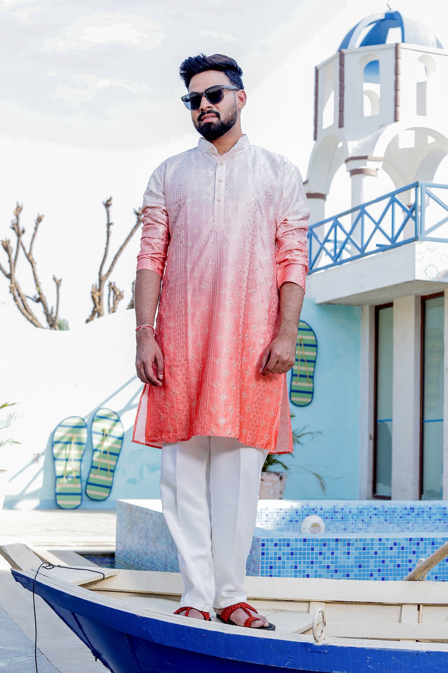 Men Orange Tie & Dye Ombre Kurta Pajama Combo Set