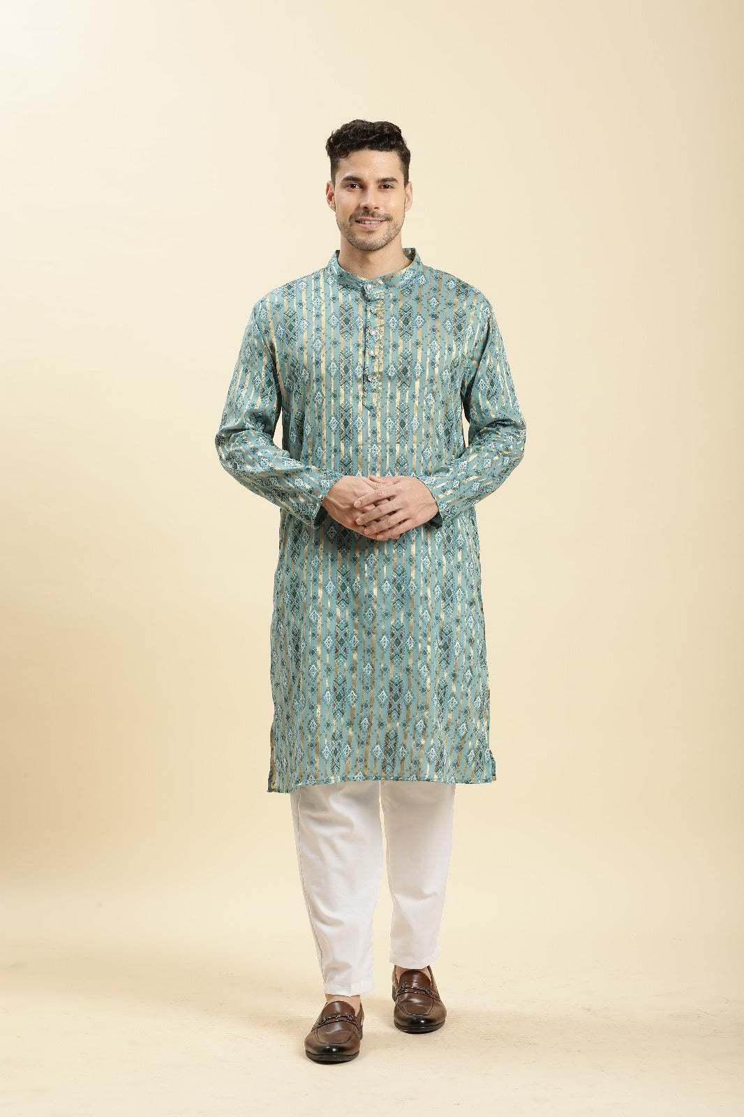 Buy Men’s Aqua Blue Abstract Print Kurta Pajama Online – Traditional Ethnic Wear