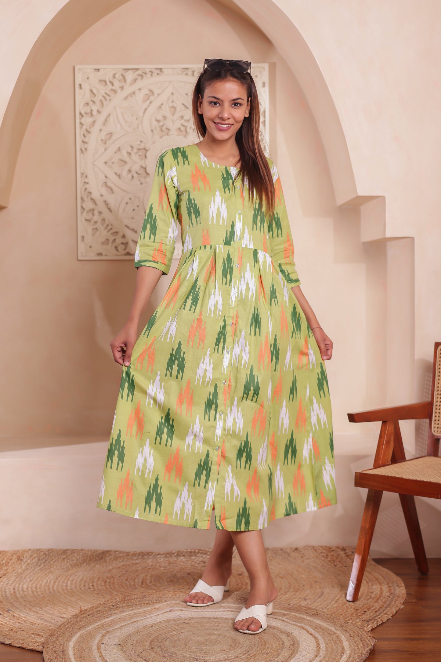 Woman wearing vibrant green ethnic dress from Stuffieland’s Rang-e-Hara family collection