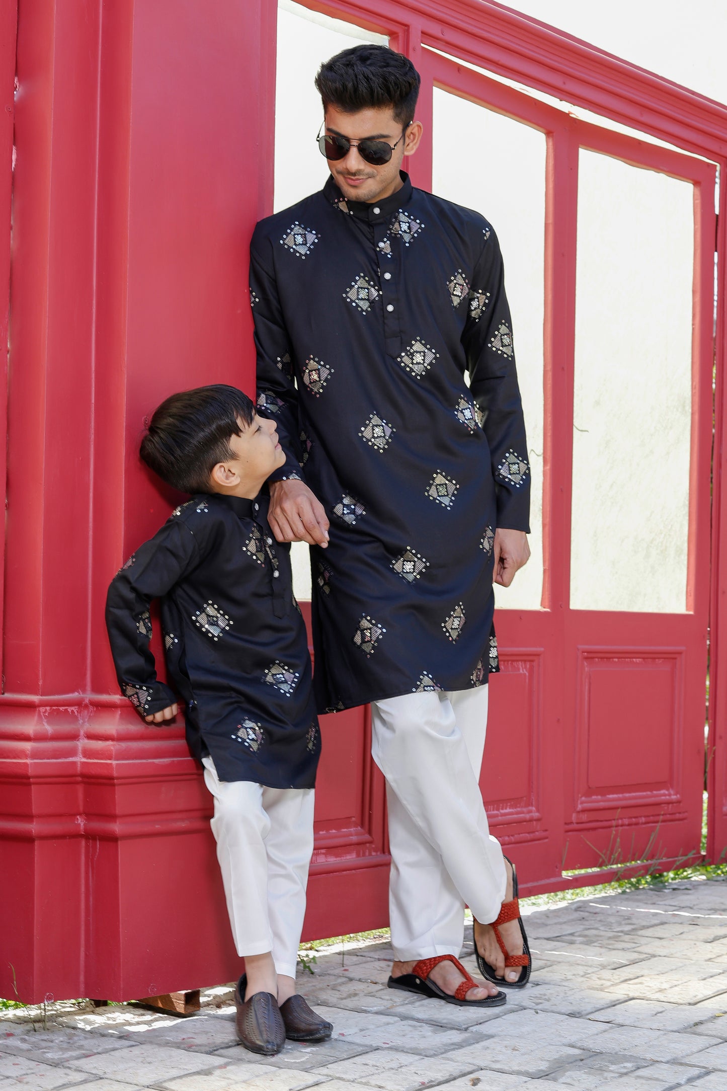 Father-Son Black Diamond Pattern Embroidered Kurta Pajama Combo Set