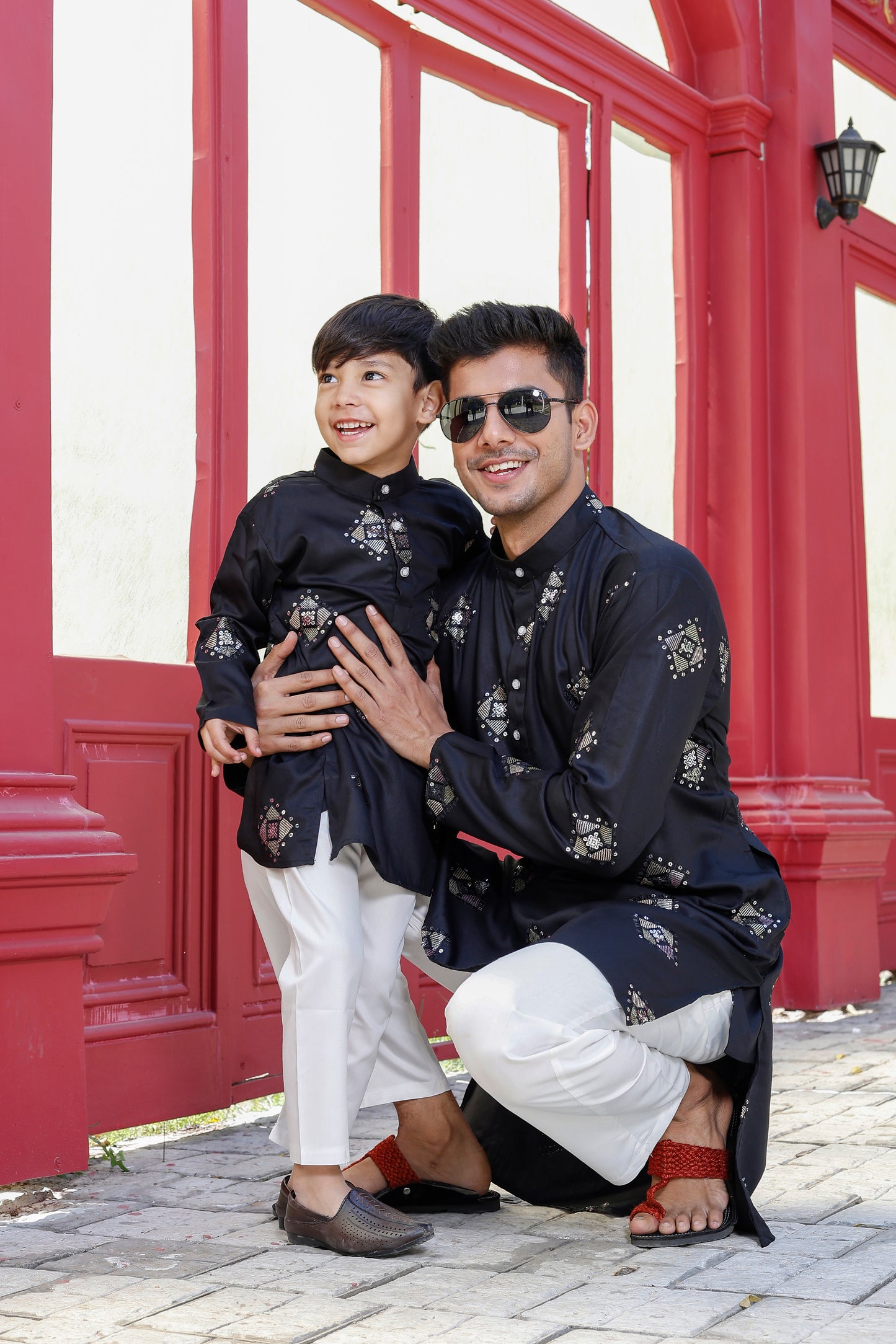 Father-Son Black Diamond Pattern Embroidered Kurta Pajama Combo Set