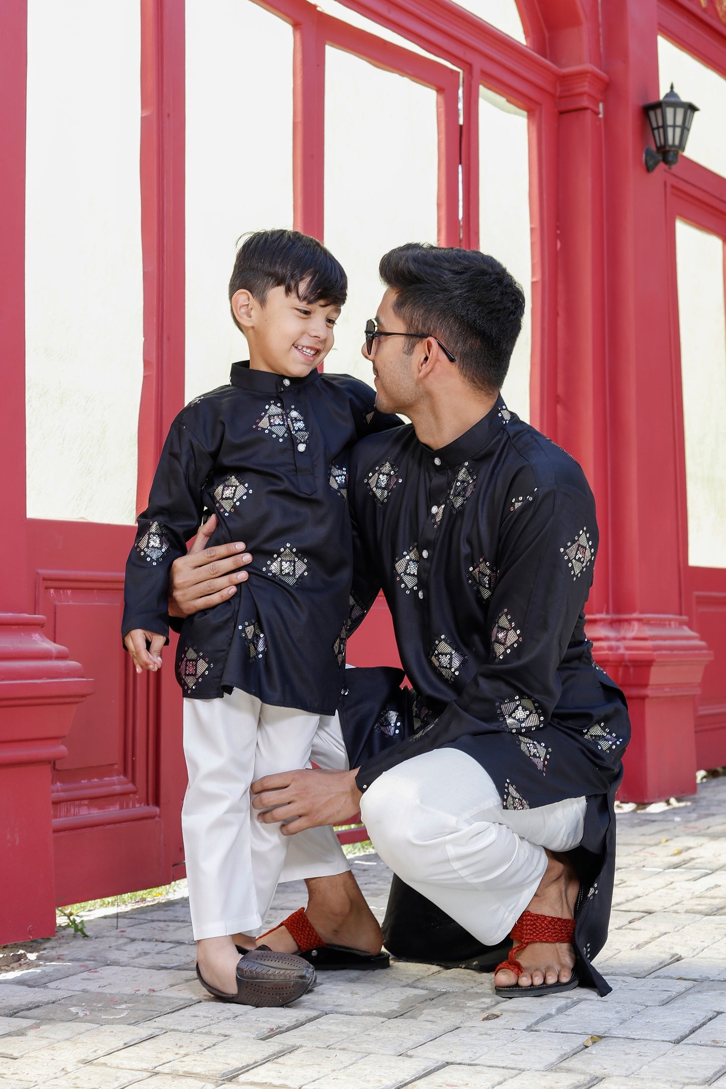 "Father-Son Black Diamond Embroidered Kurta Pajama Combo Set – Matching Festive Outfit