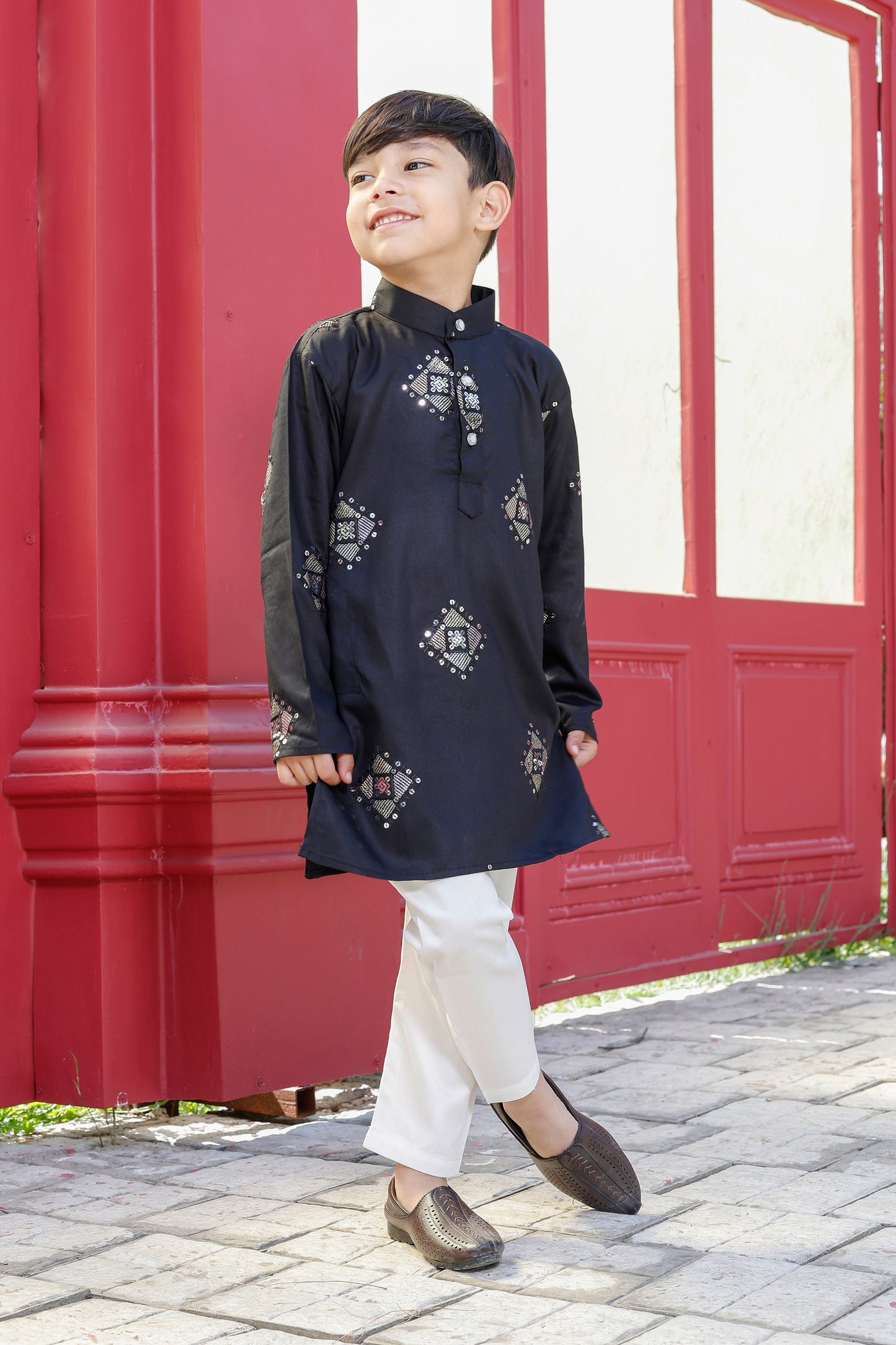 Father-Son Black Diamond Pattern Embroidered Kurta Pajama Combo Set