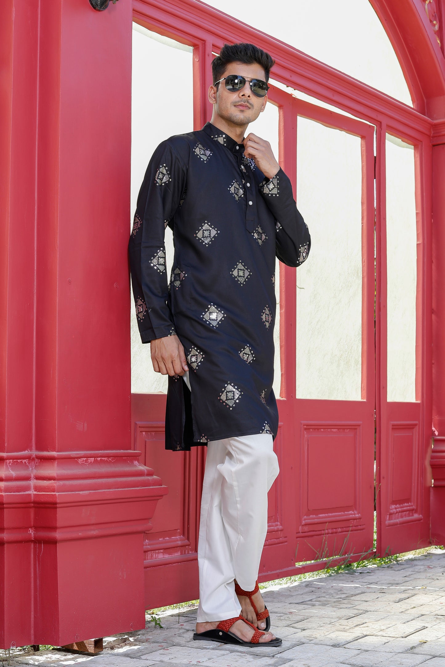 "Men’s Black Diamond Embroidered Kurta with White Pajama – Traditional Wear"
