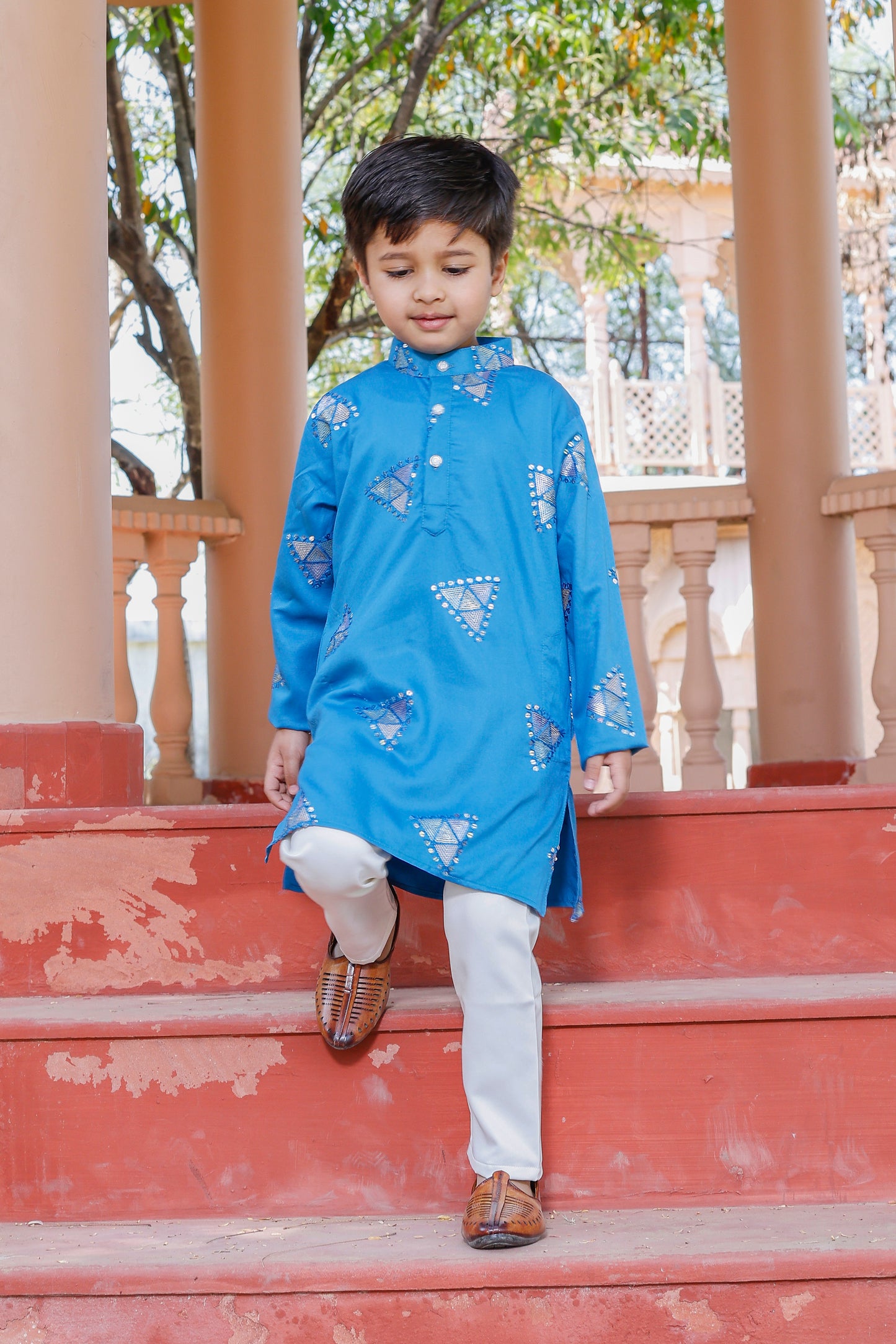 Father-Son Blue Diamond Pattern Embroidered Kurta Pajama Combo Set