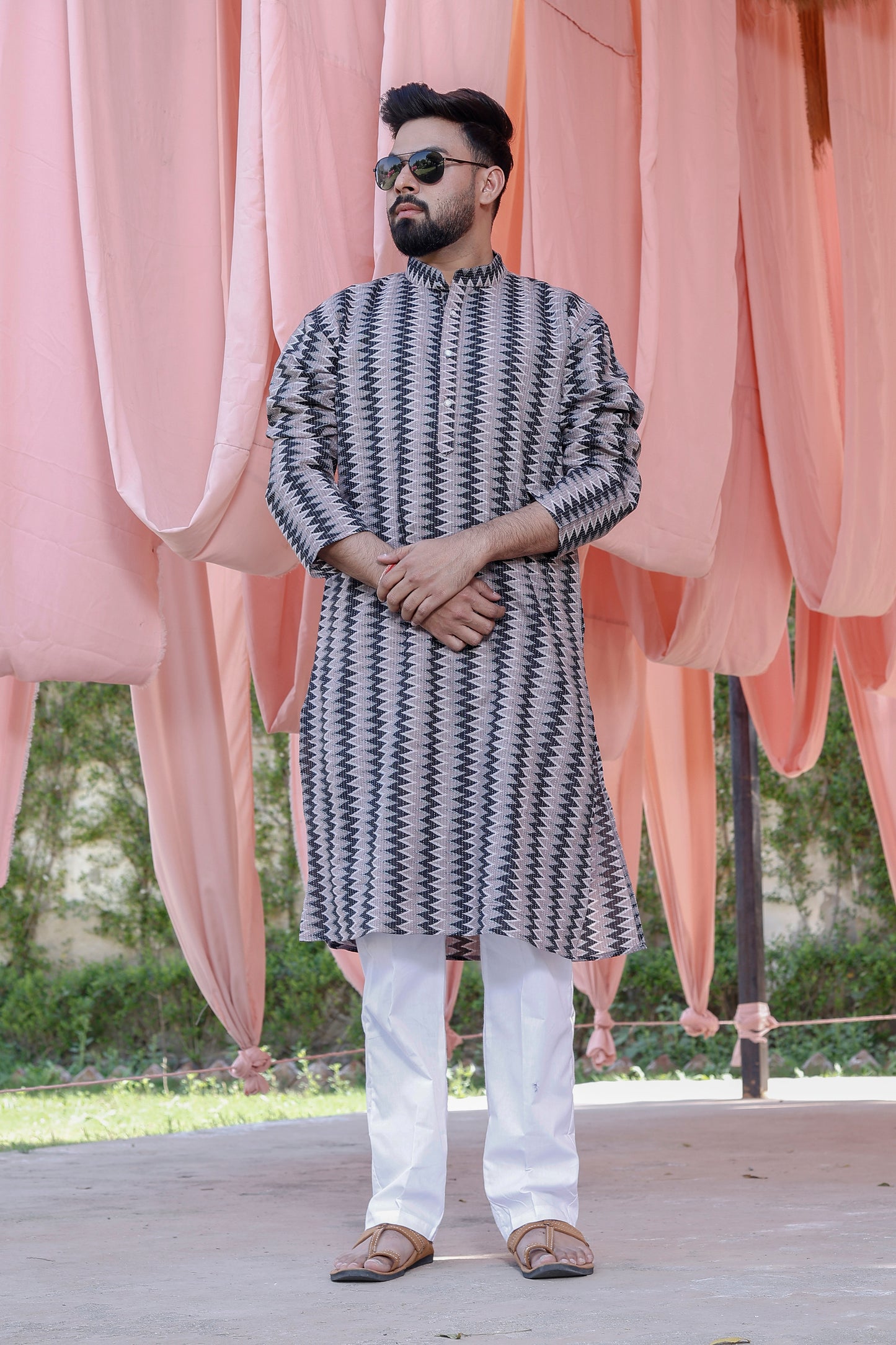 Father-Son Grey & Black Zigzag Print Kurta Pajama Combo Set