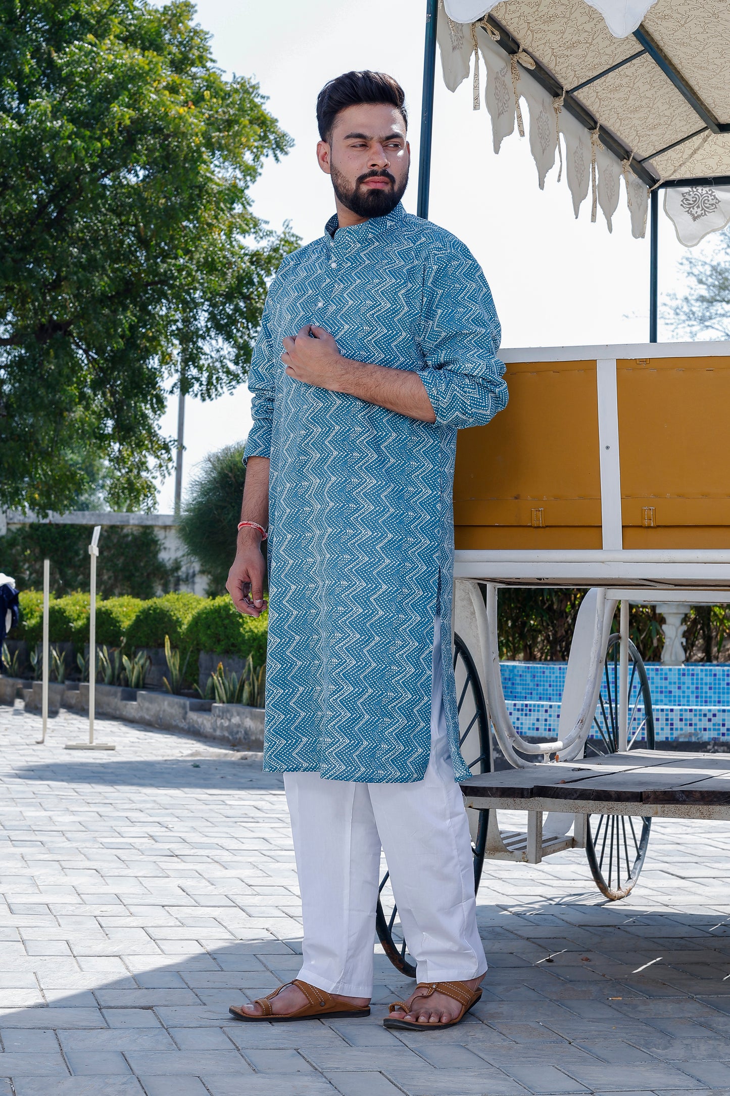 Father-Son Blue Zigzag Print Kurta Pajama Combo Set