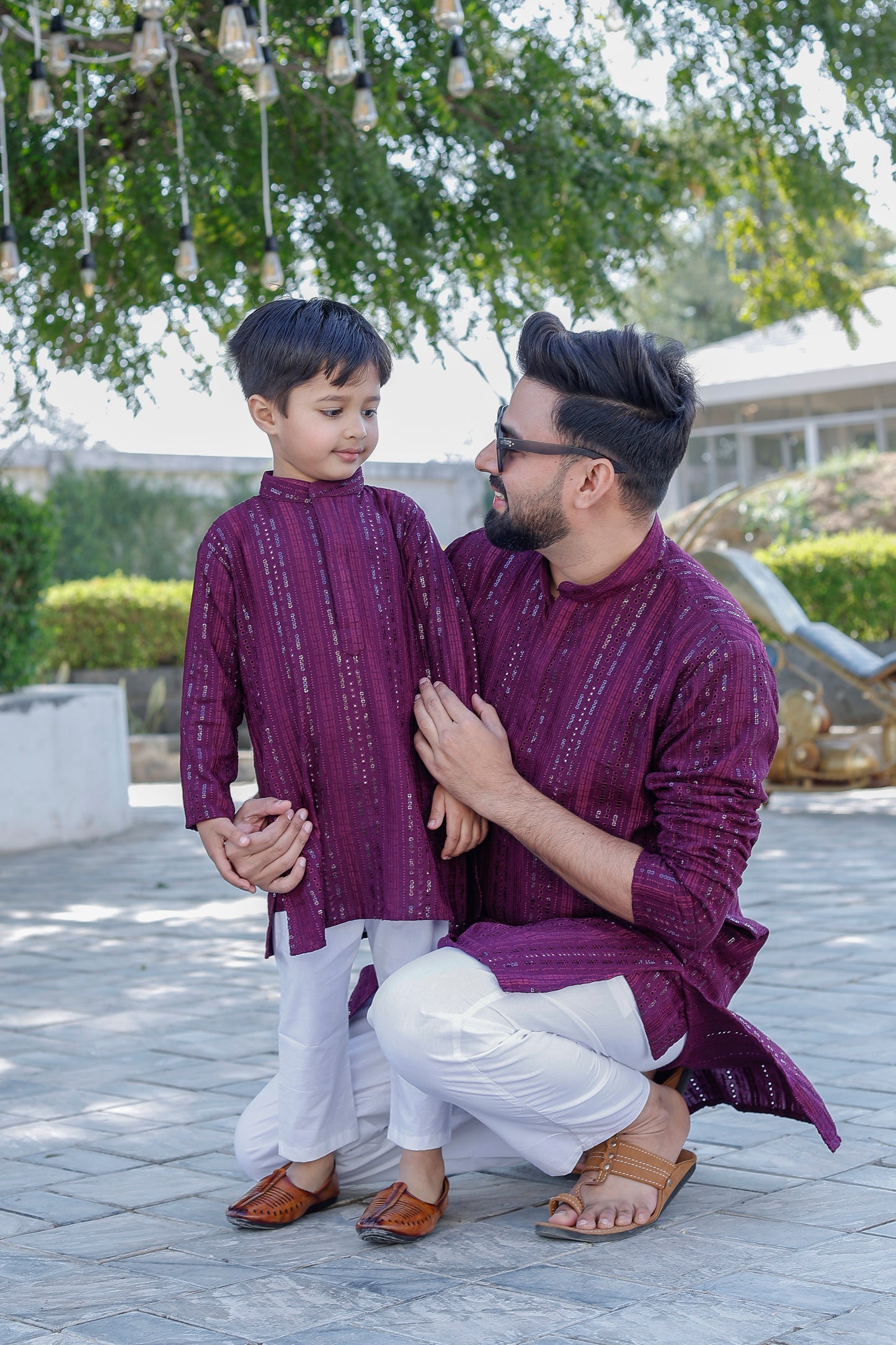 Father-Son Purple Striped Kurta Pajama Combo Set
