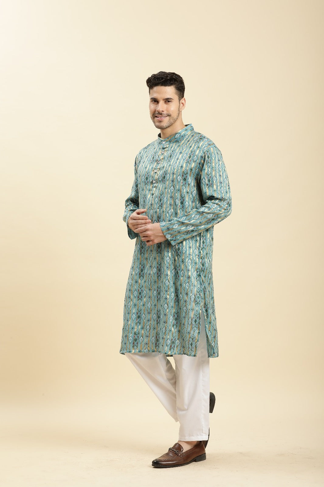 Father-Son Aqua Blue Abstract Print Kurta Pajama Combo Set