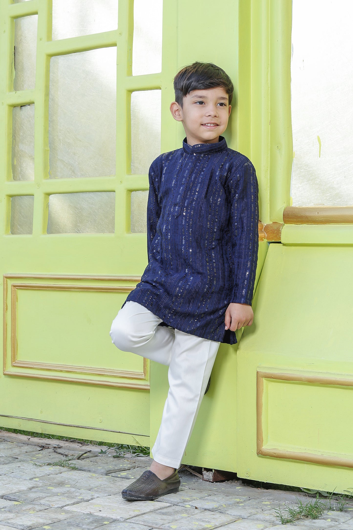 Father-Son Dark Blue Schiffli Kurta Pajama Combo Set