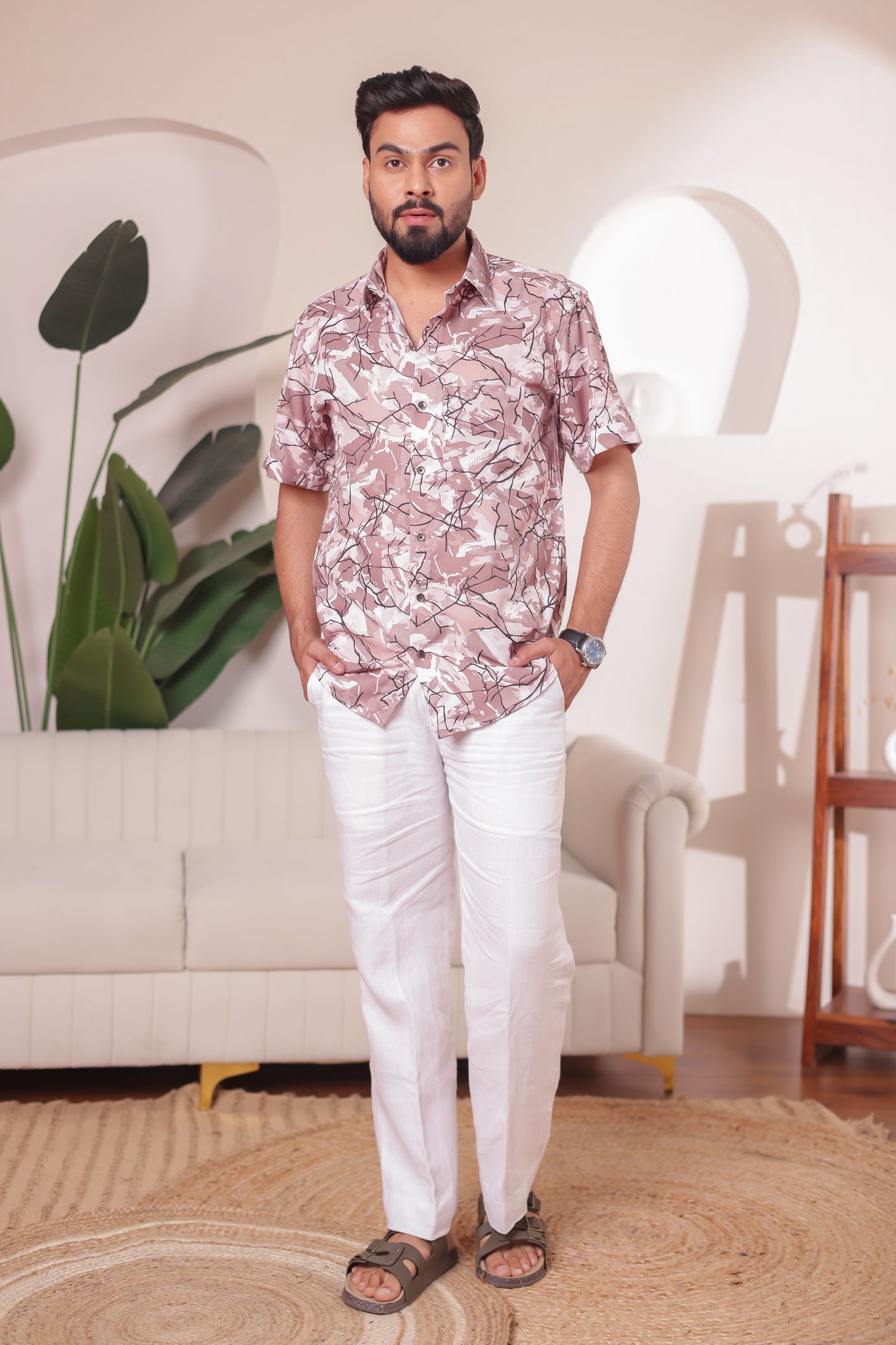 "Ocean Bloom father’s cotton shirt in soft leafy print—classic style from the family matching clothing collection."