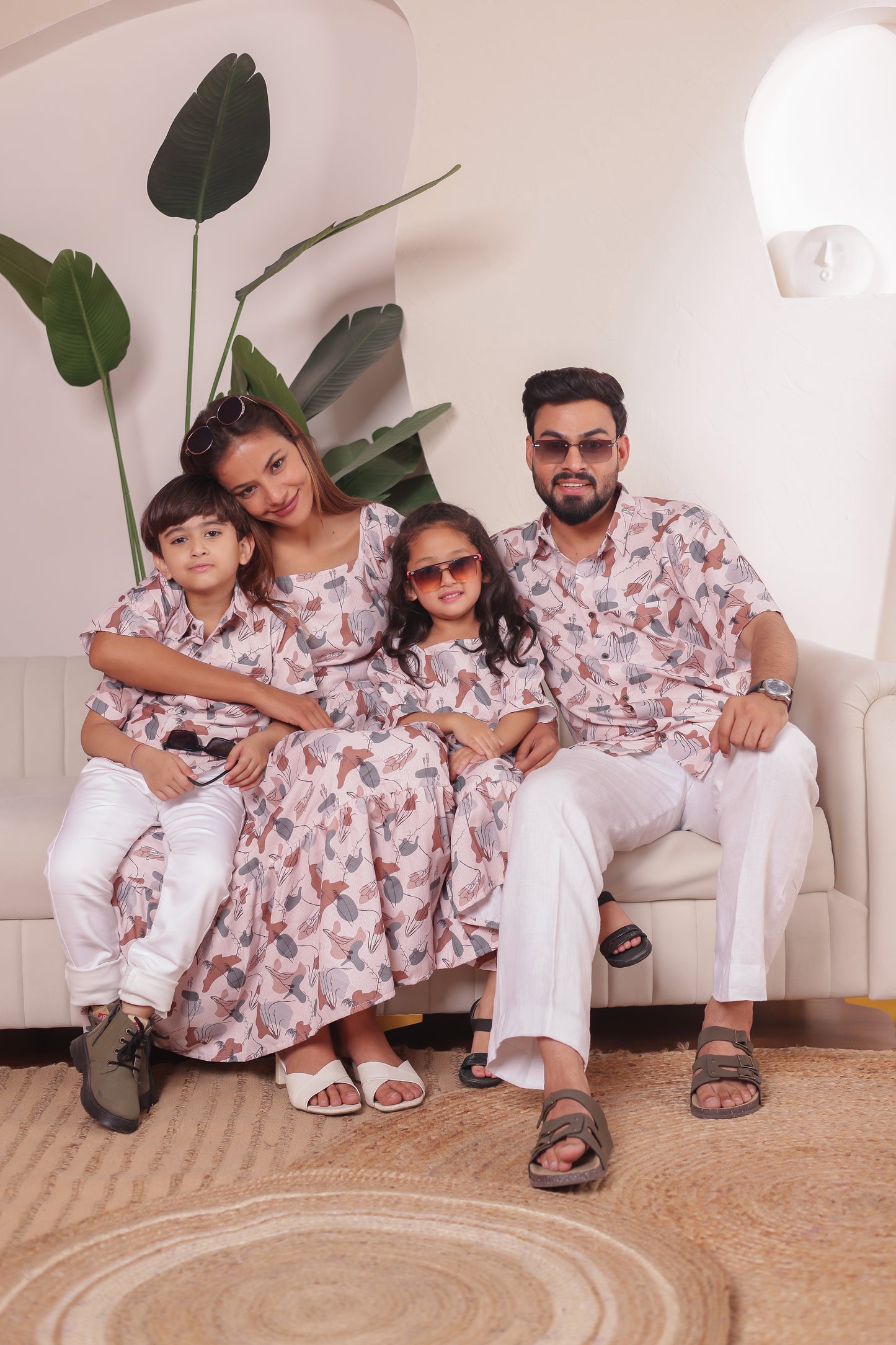White Symphony family matching outfits with abstract print cotton shirts and dresses — perfect for twinning during vacations, birthdays, parties, and photoshoots.