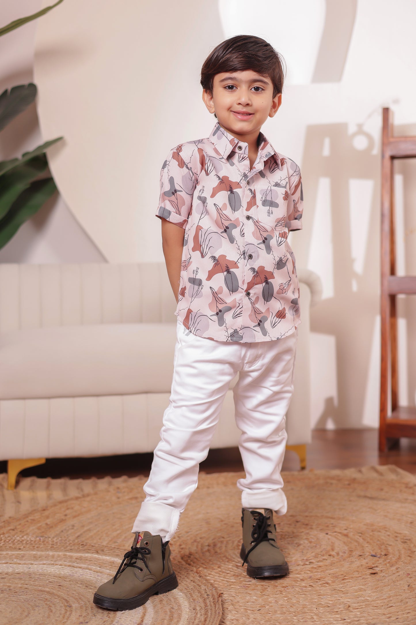 Boy’s shirt from White Symphony family combo — abstract printed cotton shirt ideal for twinning with siblings or parents during vacations and parties.