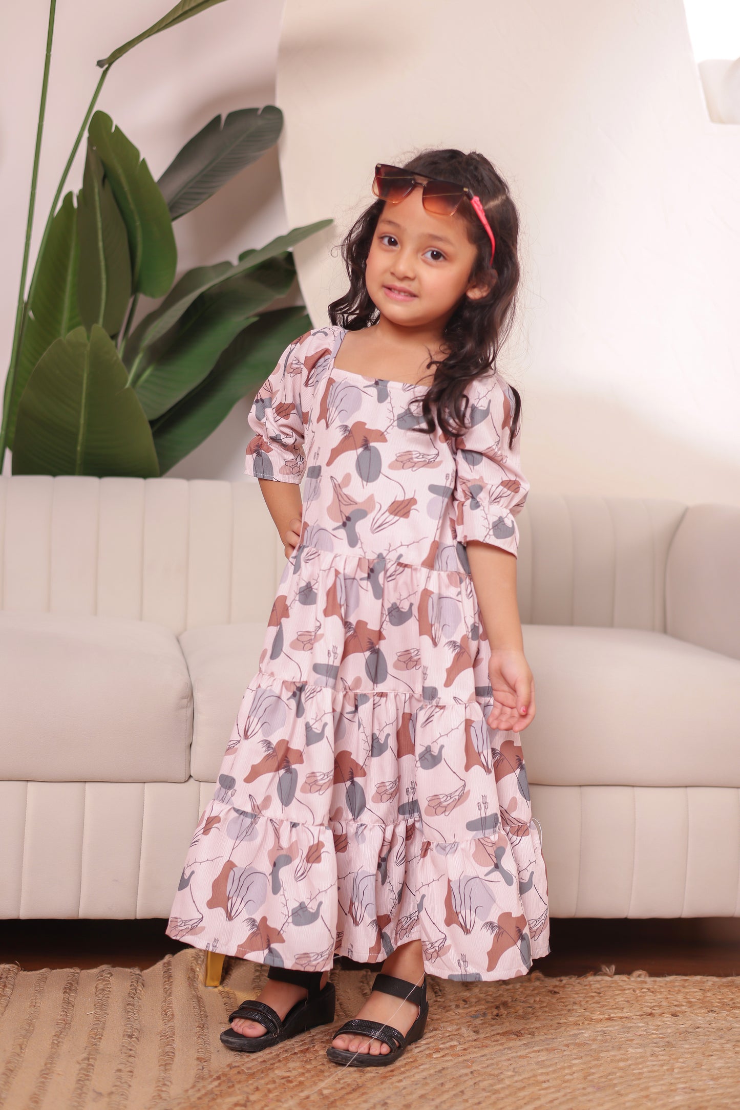 Girl’s cotton dress in White Symphony abstract print — part of matching family outfits, perfect for birthdays, parties, and vacation twinning.