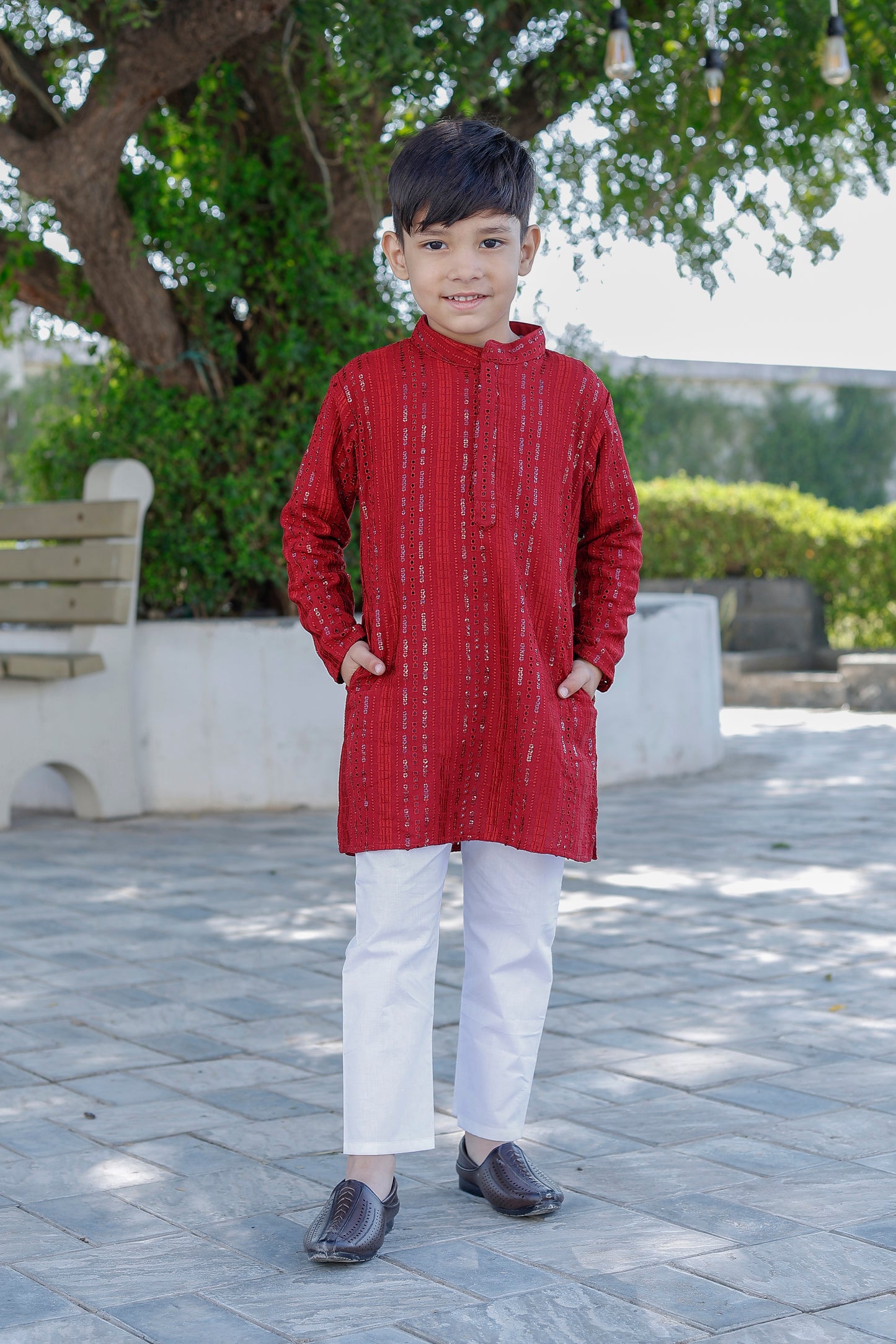 Father-Son Red Schiffli Kurta Pajama Combo set