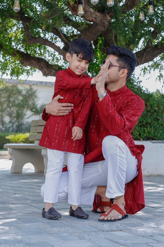 Father-Son Red Schiffli Kurta Pajama Combo Set – Matching Ethnic Wear for Weddings & Diwali