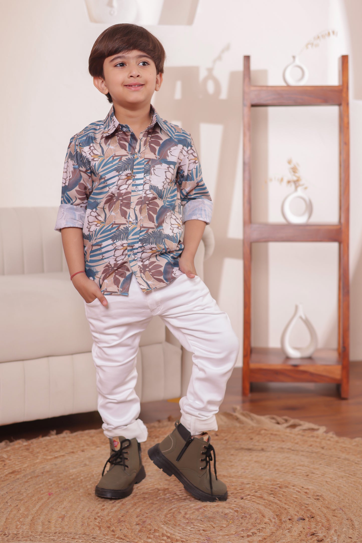 "Boy in a modern textured cotton shirt from the Culture Remix family combo – ideal for twinning looks, photoshoots, and everyday comfort."