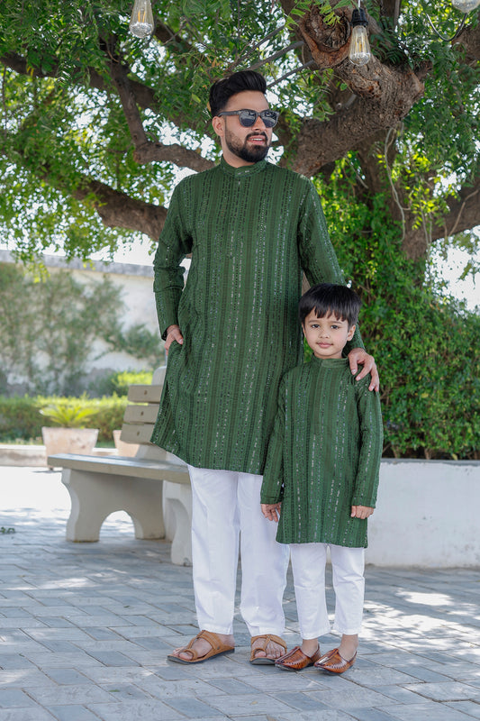 “Father-Son Green Schiffli Kurta Pajama Combo Set – Matching Ethnic Wear for Weddings & Diwali”