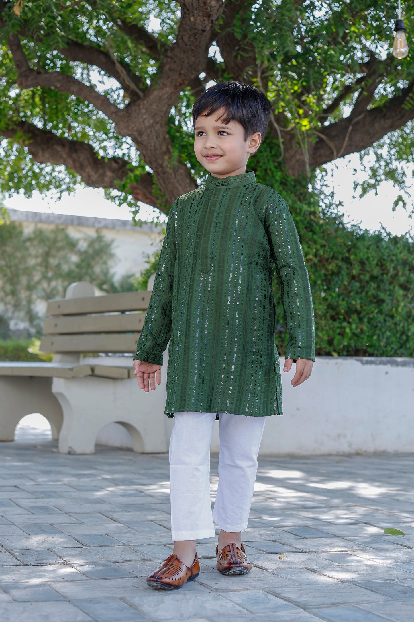 Father-Son Green Schiffli Kurta Pajama Combo Set