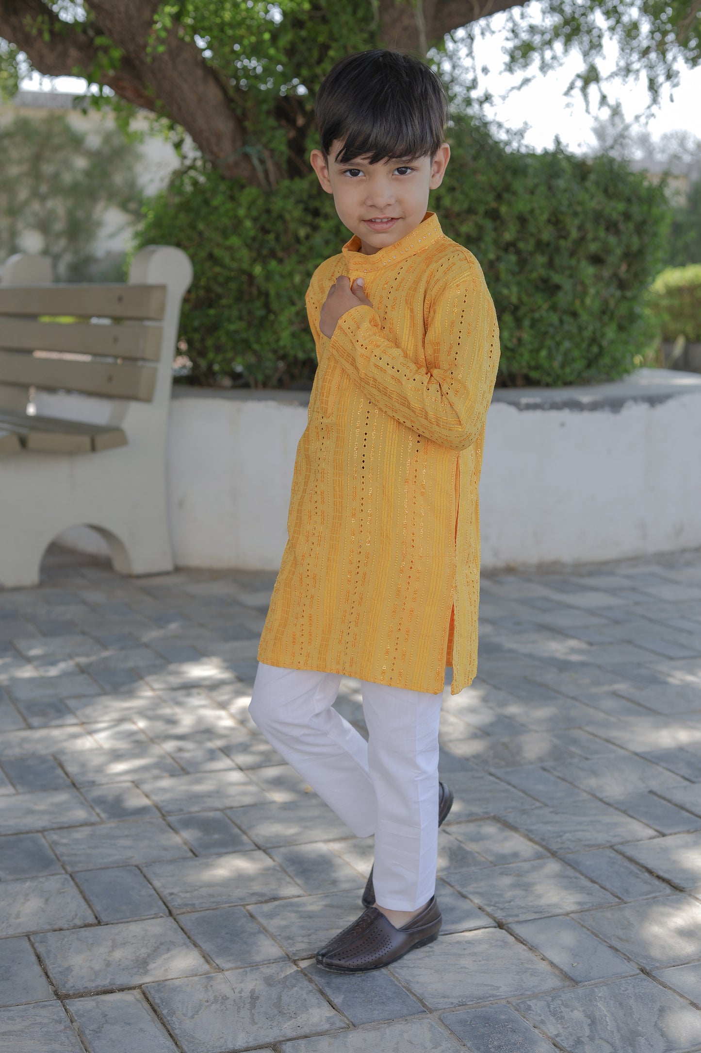 Father-Son Yellow Stripe Kurta Pajama Combo Set