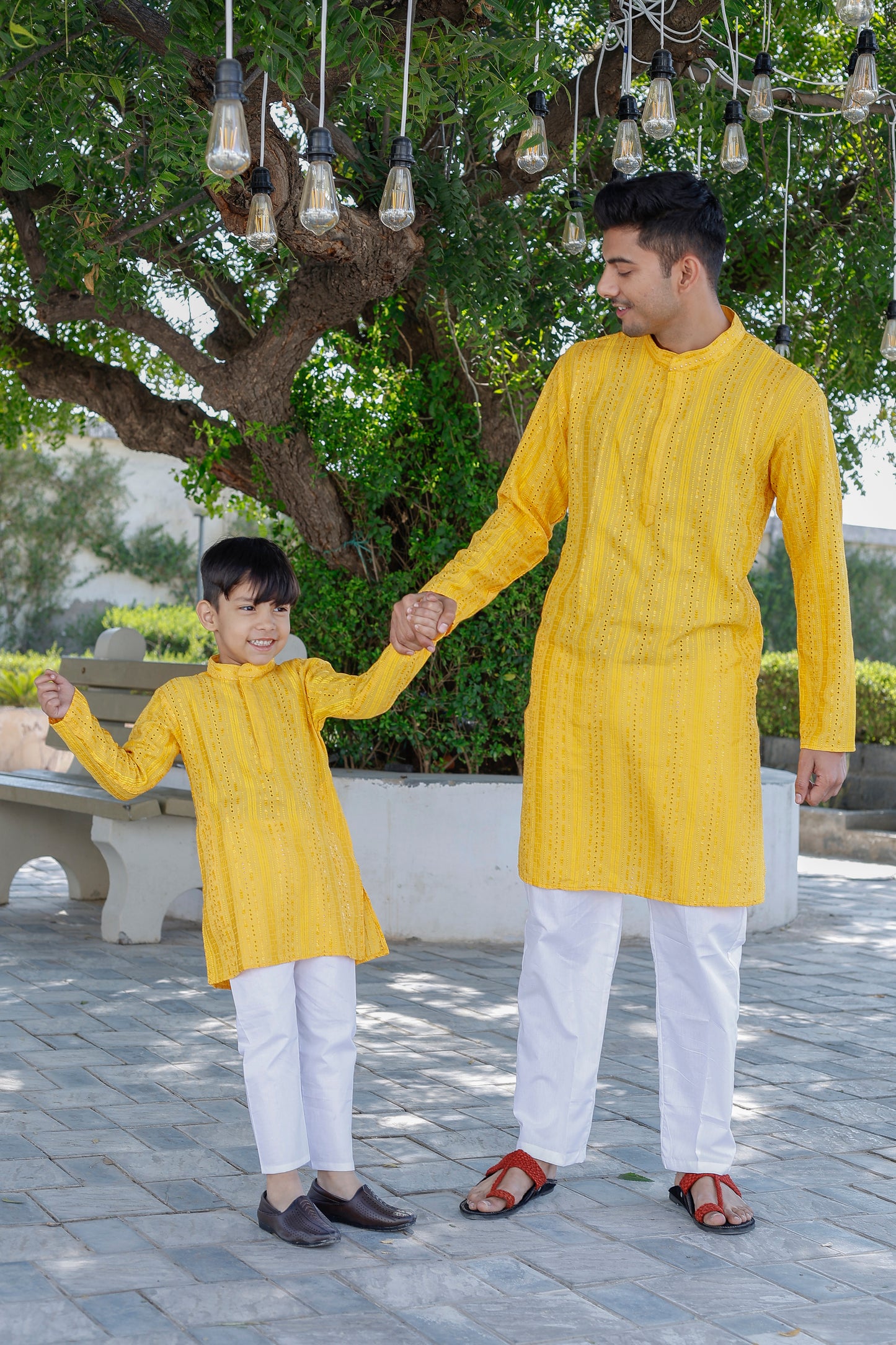 Father-Son Yellow Stripe Kurta Pajama Combo Set