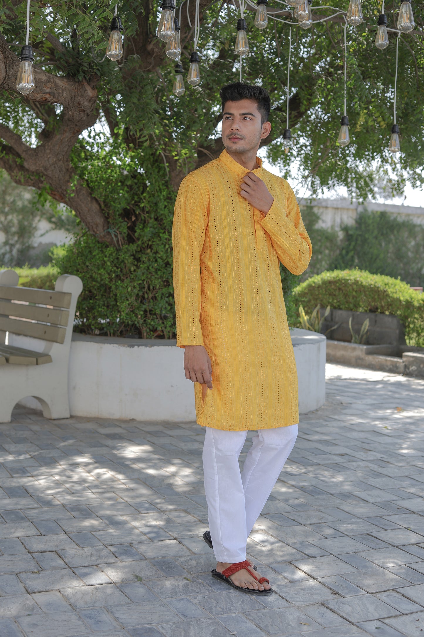 Father-Son Yellow Stripe Kurta Pajama Combo Set