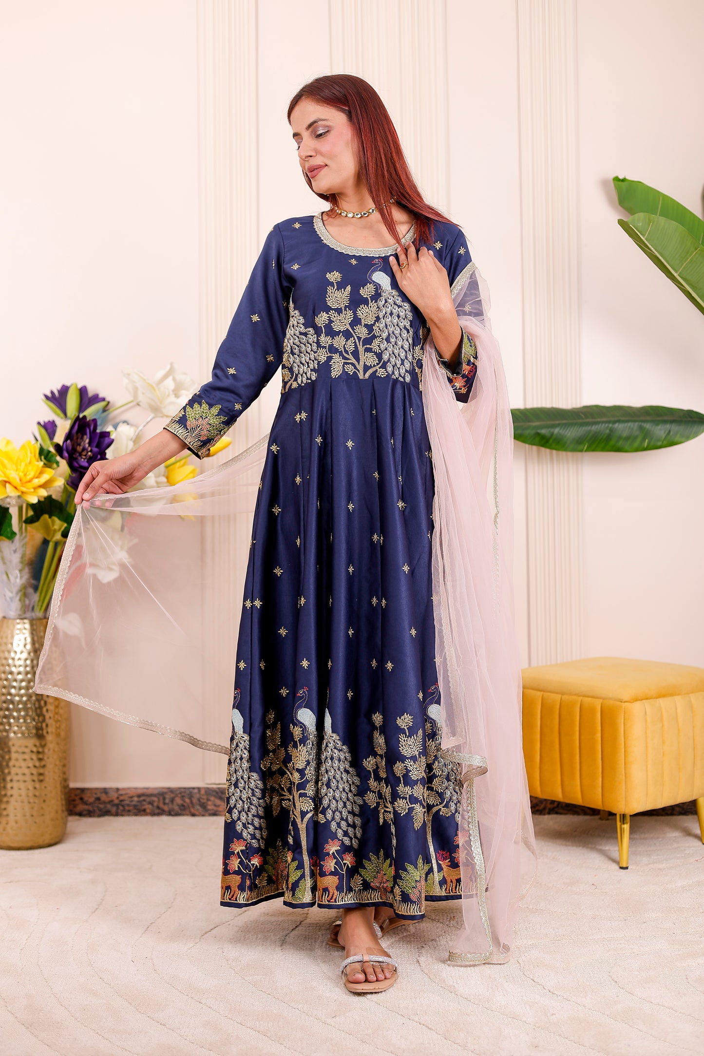 Nazakat Royal Blue Peacock Embroidered | Women Ethnic Dress