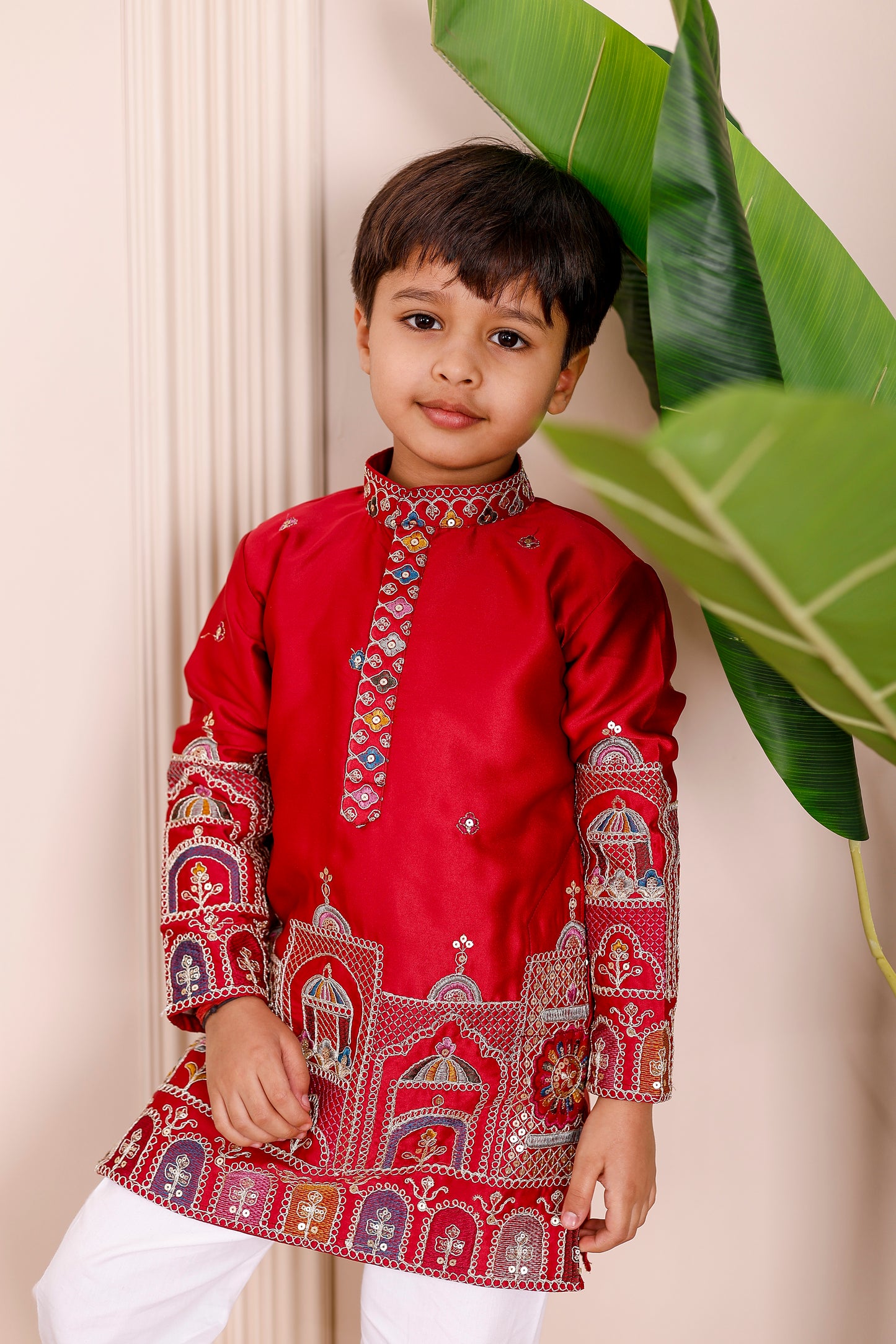 3. Red Heritage Embroidered Kurta Pajama for Boys – father-son matching outfit for festivals and weddings