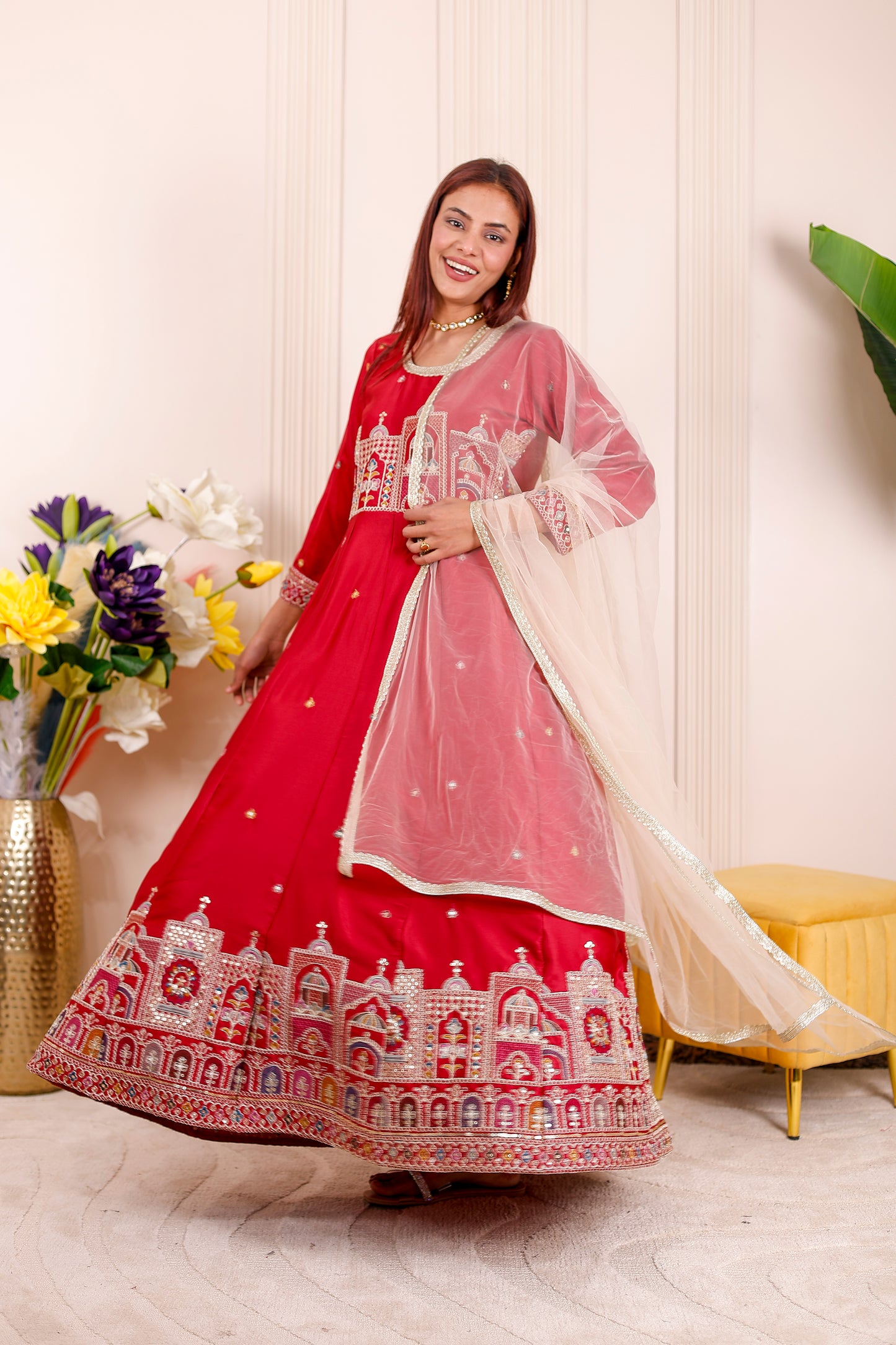 Red Heritage Embroidered Floor-Length Anarkali for Women with Matching Dupatta – weddings and festive occasions