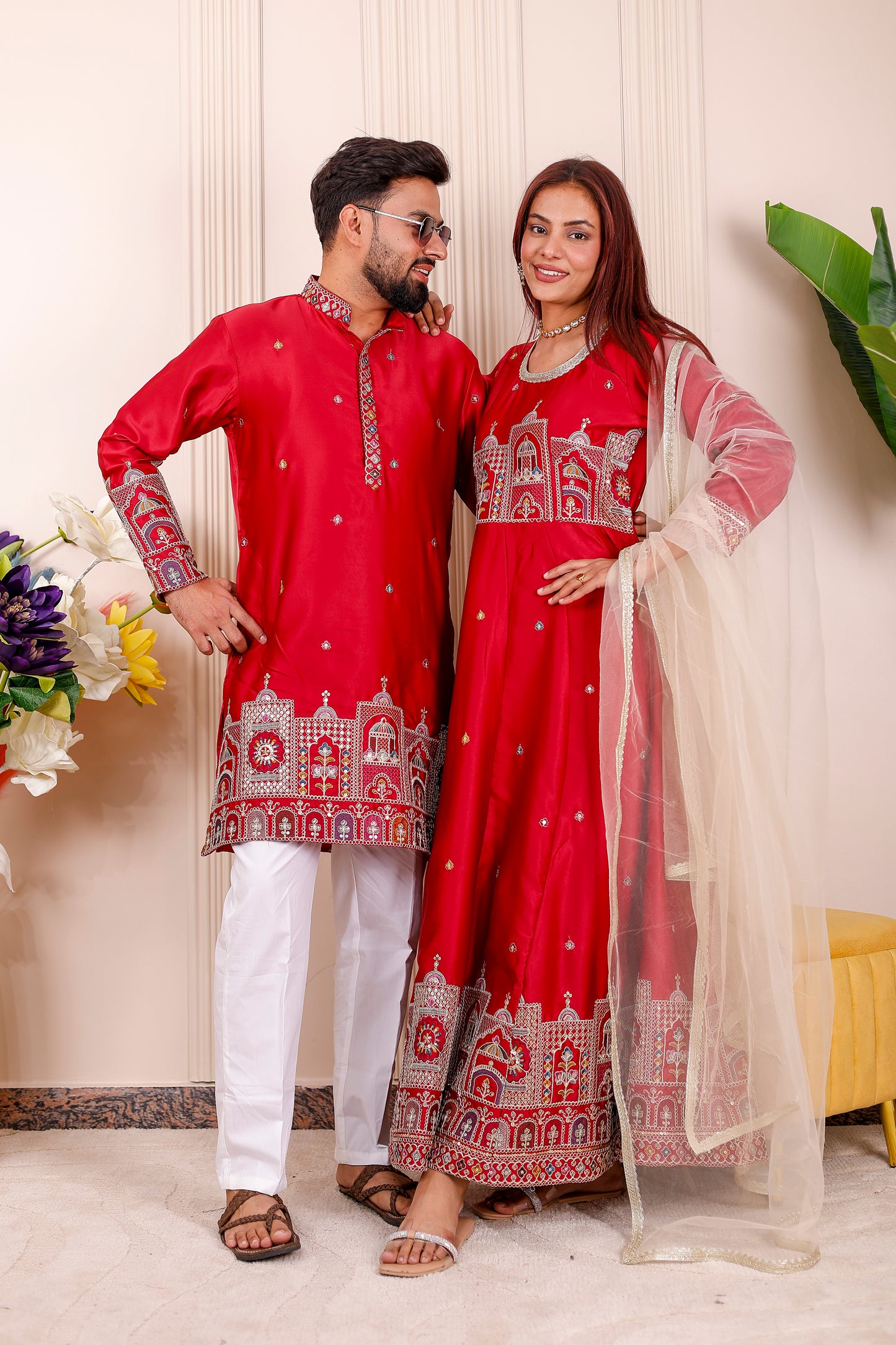Red Heritage Embroidered Ethnic | Couple Matching Outfit