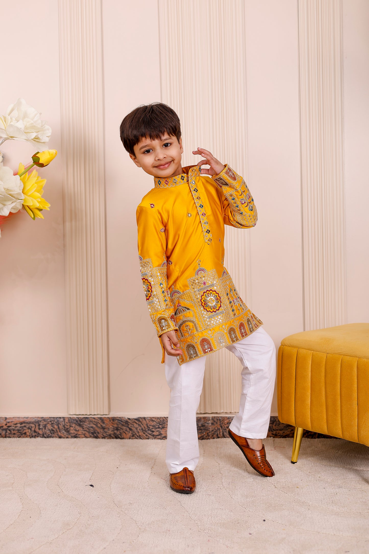 Shaahi Yellow Embroidered Boy Kurta Pajama Set ✨