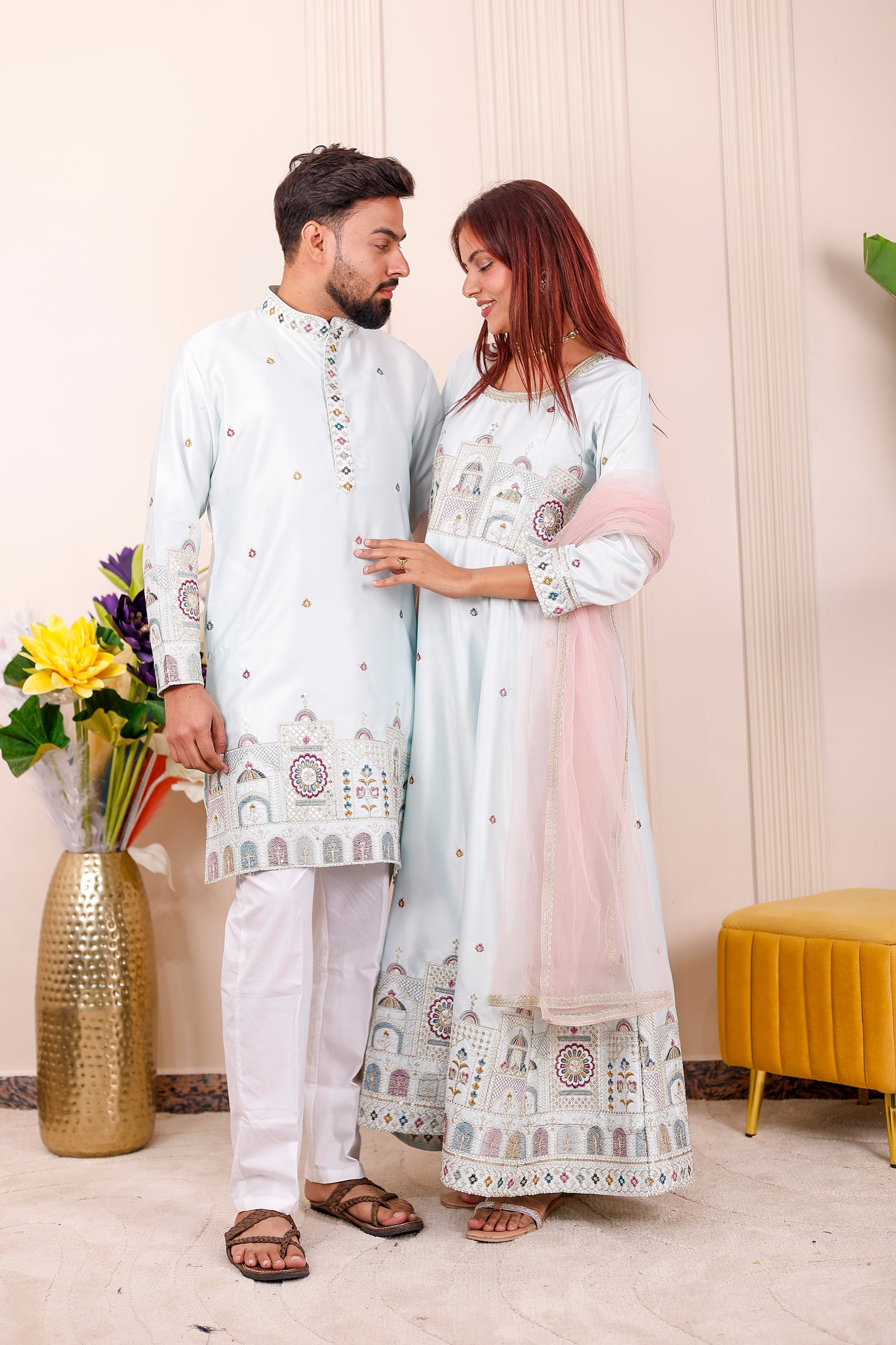 Ice Blue Heritage Embroidered Ethnic | Couple Matching Outfit