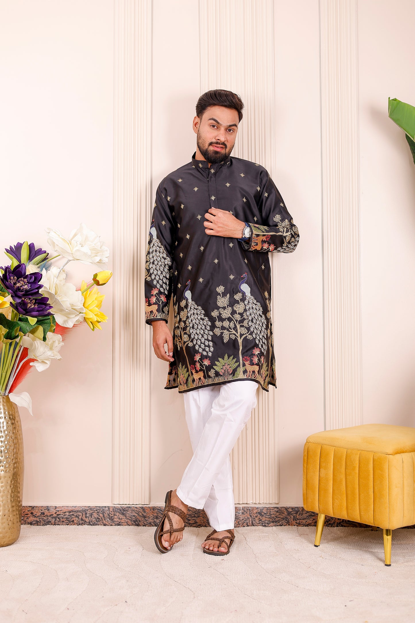 Father-Son Black Peacock Embroidered Kurta Pajama Combo Set