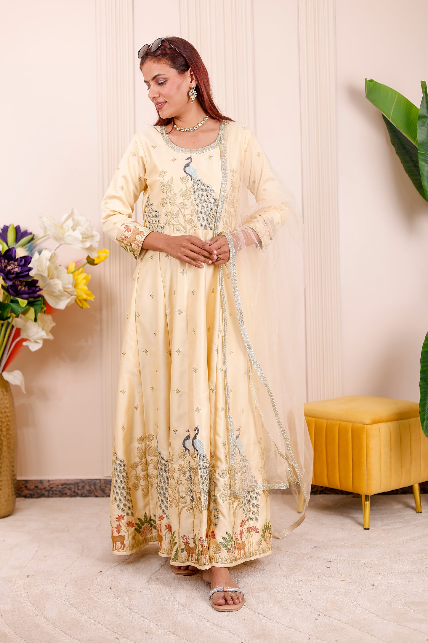 Champagne Yellow Peacock Embroidered | Women Ethnic Dress