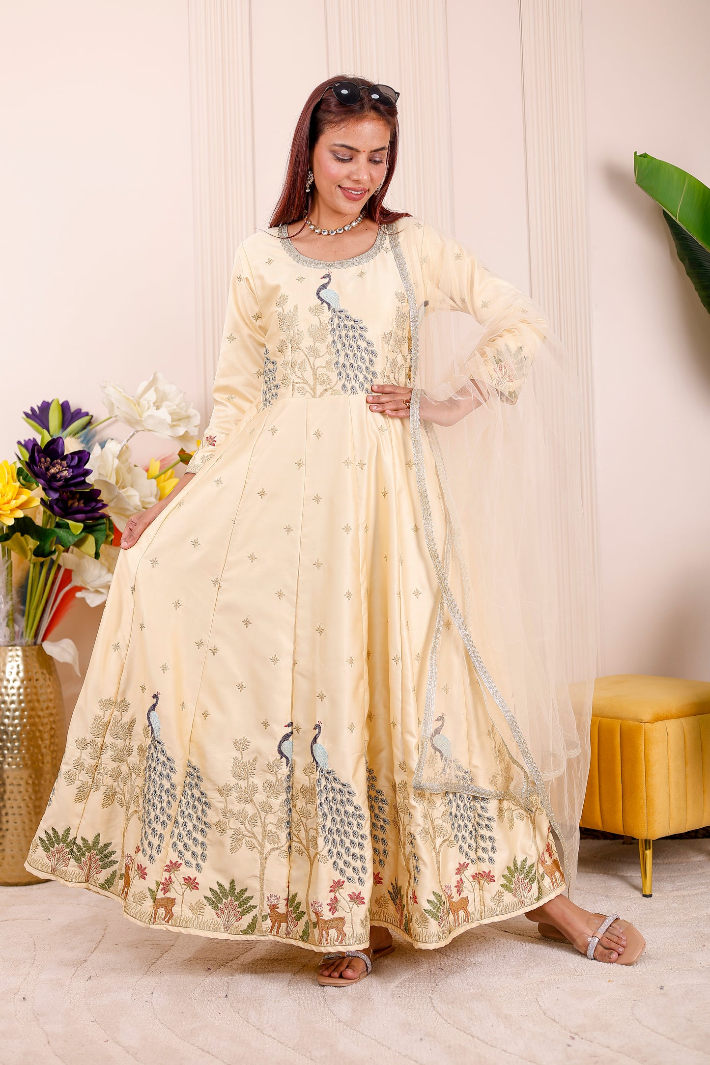 Champagne Yellow Peacock Embroidered Ethnic | Couple Matching Outfit