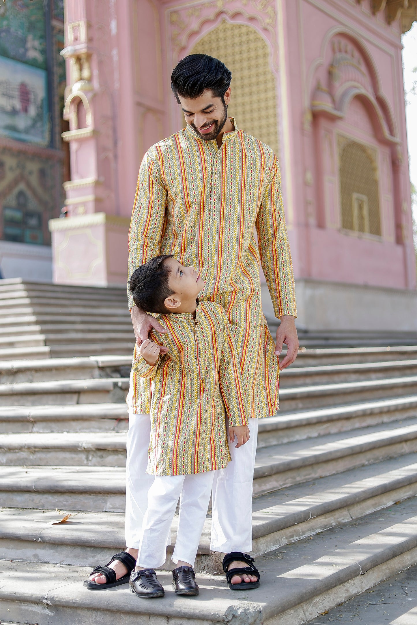 Father-Son Yellow Striped Kurta Pajama Combo Set
