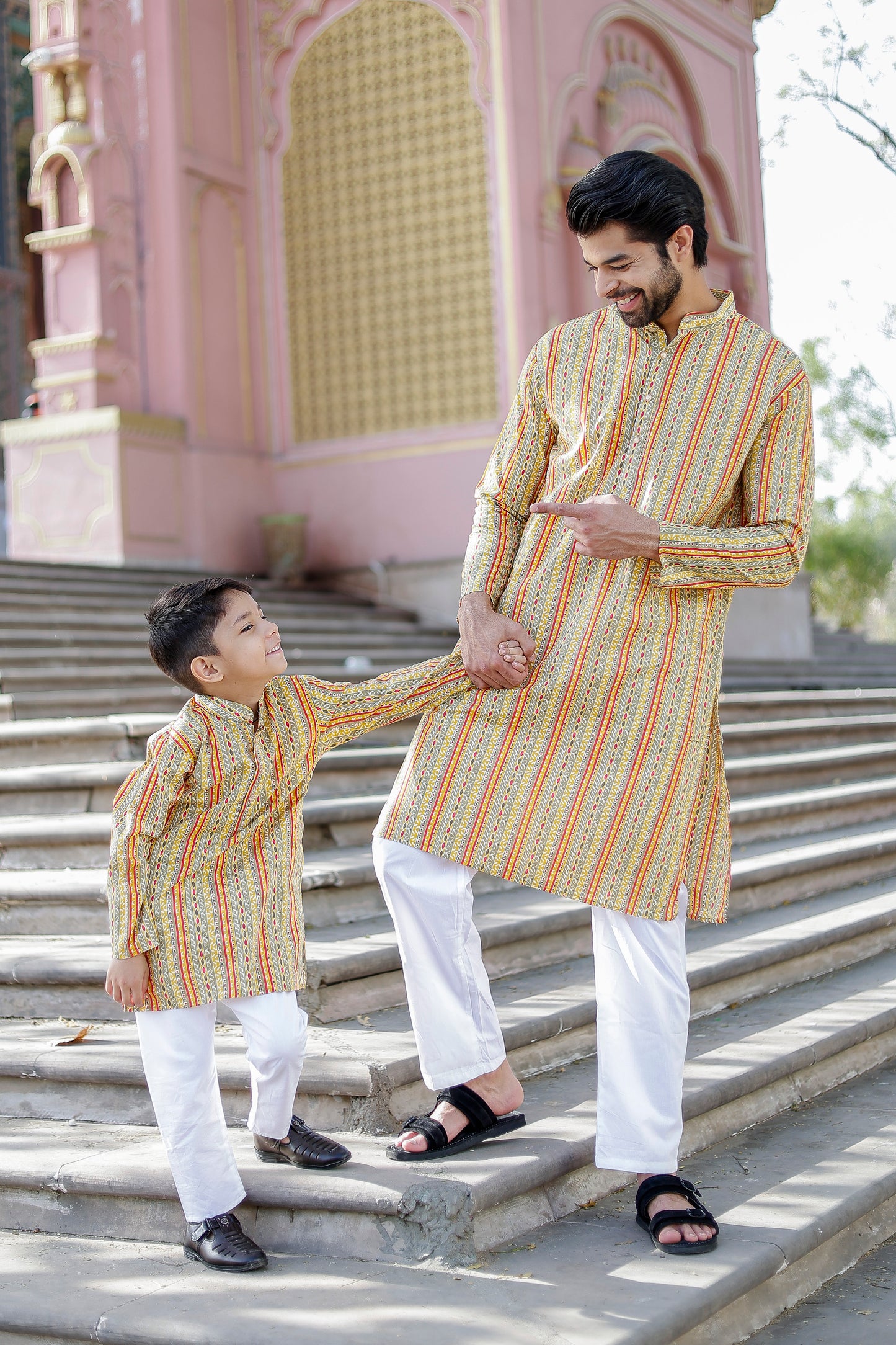 Father-Son Yellow Striped Kurta Pajama Combo Set