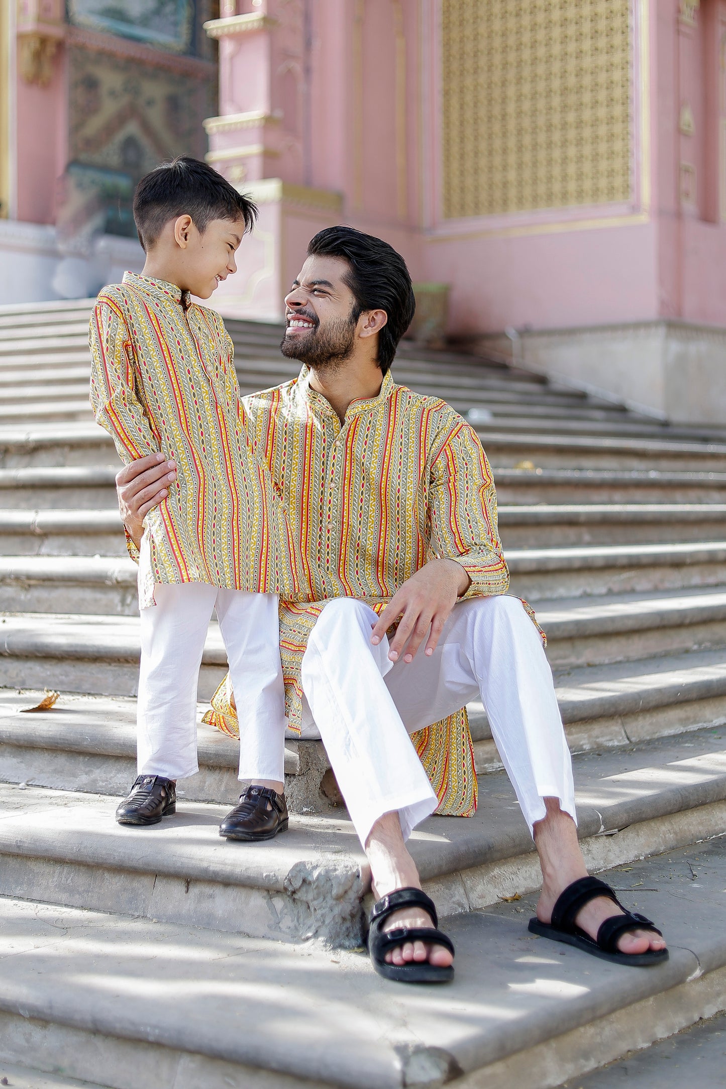 Father-Son Yellow Striped Kurta Pajama Combo Set