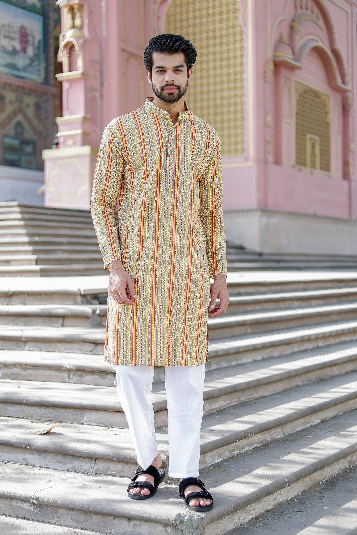 Men’s Yellow Striped Kurta Pajama – Premium Ethnic Wear for Weddings & Festivals